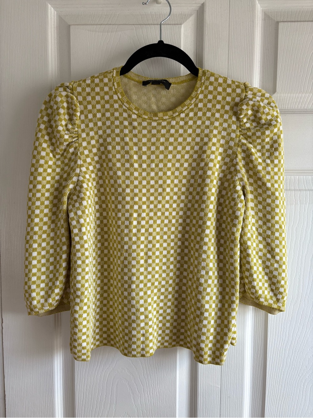 Ann Taylor Yellow White Plaid Puff Shoulder Sweater M Knit Academia Career Teach